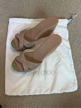 Jimmy Choo Blush Nude Glitter Cork Wedge Sandals